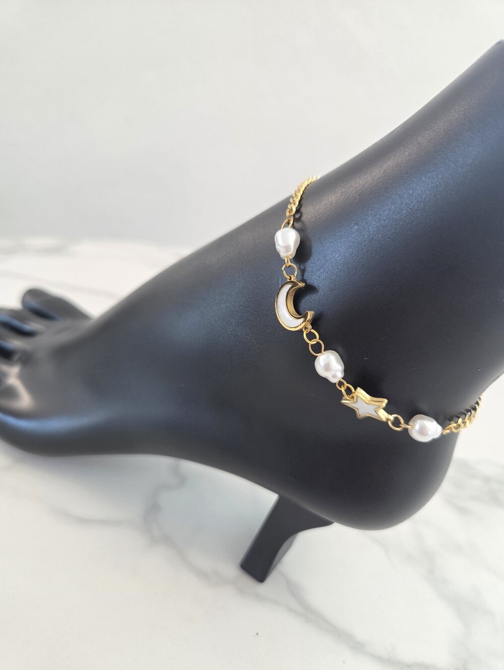 Gold Celestial Anklet Pearl Crescent Moon Star Charm Bracelet - Picture 7 of 16
